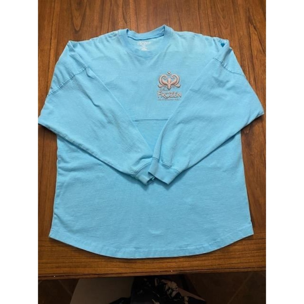 Disney Frozen Broadway Musical Spirit Jersey Light Blue Let It Go Glitter Medium